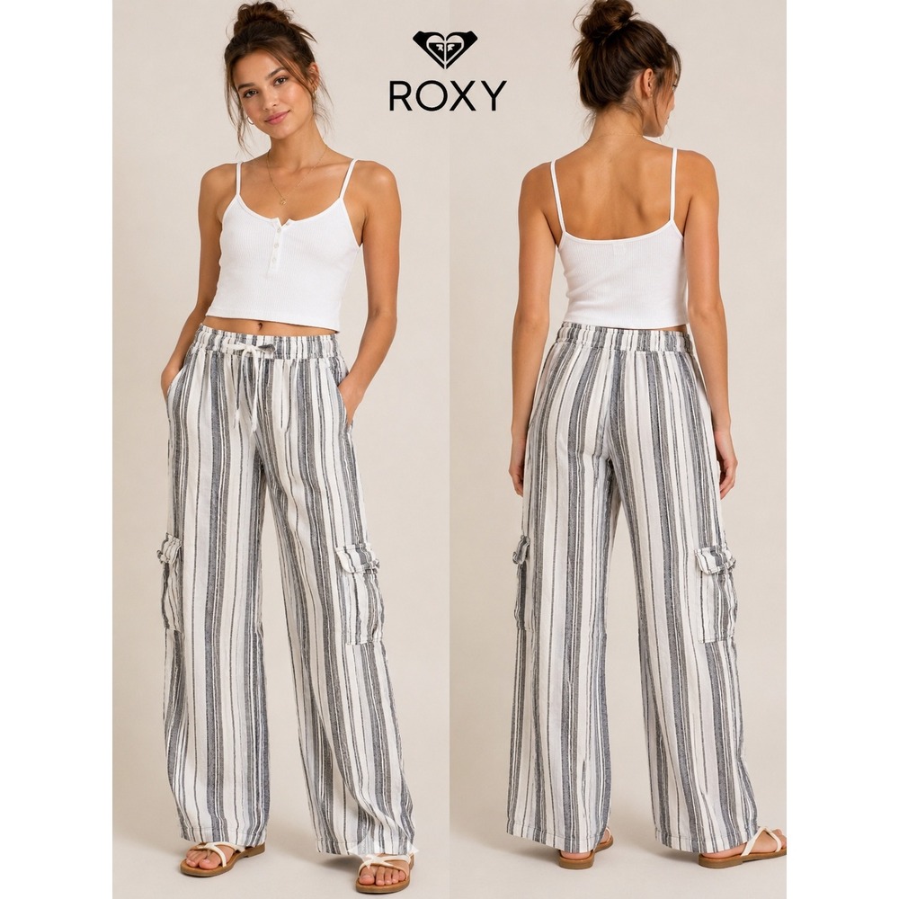 Roxy Oceanside Striped Cargo Pants White Navy Blue Linen Blend Wide Leg Size S